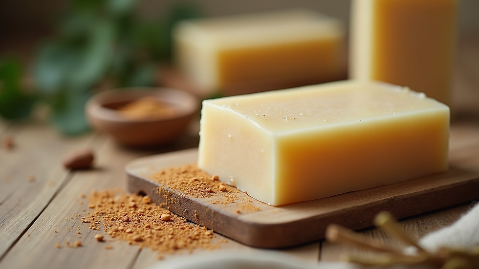 Close-up view of a handmade soap bar with natural ingredients on a wooden surface
