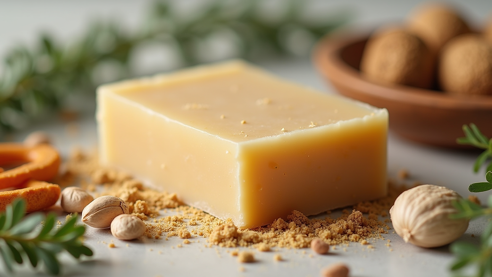 Eye-level view of a handcrafted vegan soap bar with natural ingredients around it