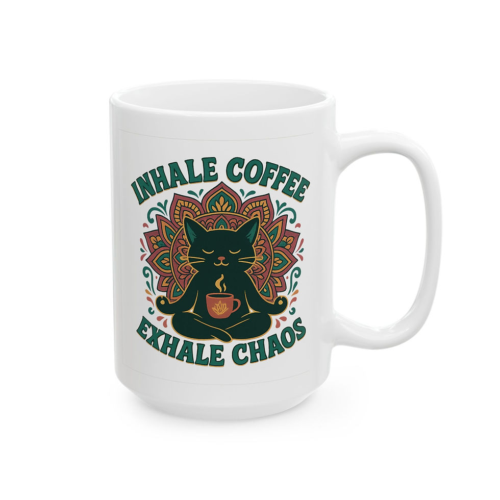 Thumbnail: Inhale Coffee Exhale Chaos Mug, Black Cat Yoga Mug