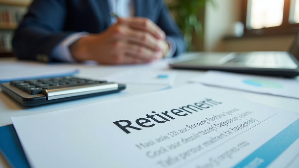 Eye-level view of a financial planner's desk with retirement documents