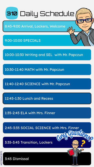 2021-2022 Daily Schedule for Homeroom 310