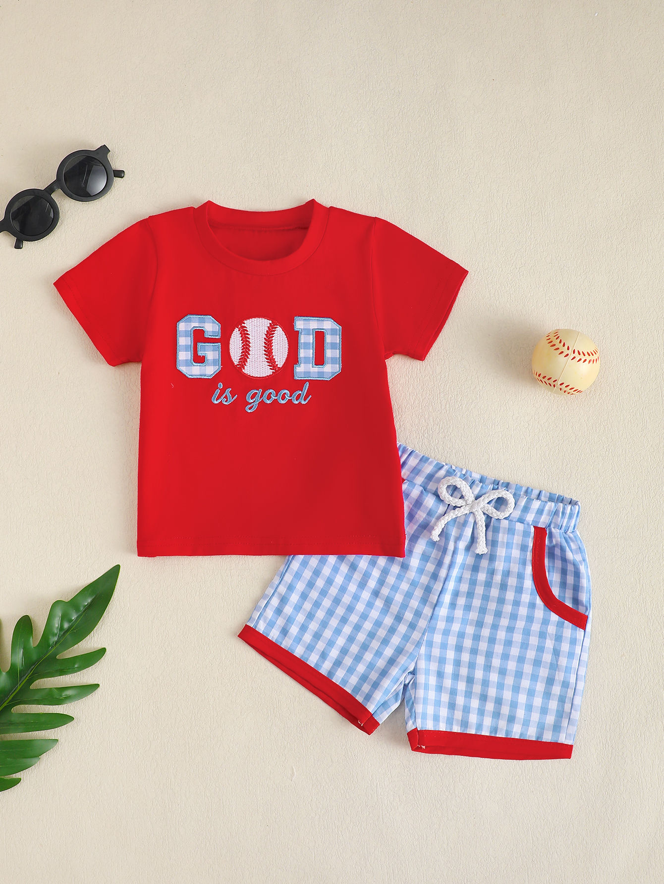 Infant Boys' Casual round Neck Short Sleeve Set with Baseball Pattern Embroidery