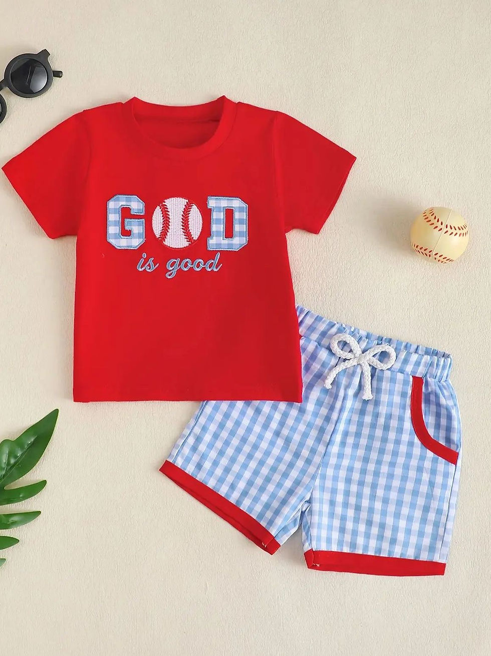 Miniatura: Infant Boys' Casual round Neck Short Sleeve Set with Baseball Pattern Embroidery