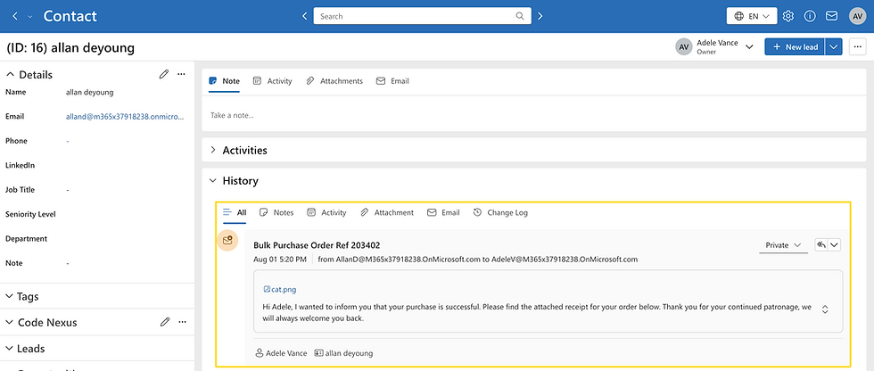 Received email from contact Allan Deyoung shown in the Contact's History tab in CRM As A Service.