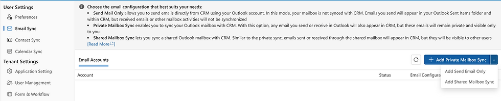 Mailbox sync configuration page