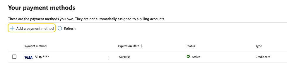 Añadir un nuevo método de pago en la página de administración de Microsoft.
