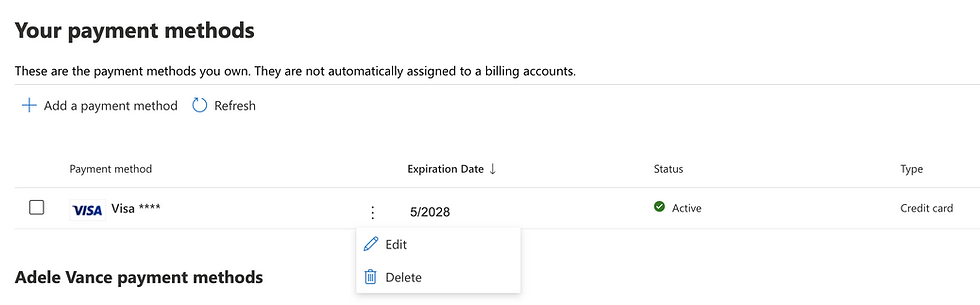 Editar o eliminar el método de pago en la página de administración de Microsoft.
