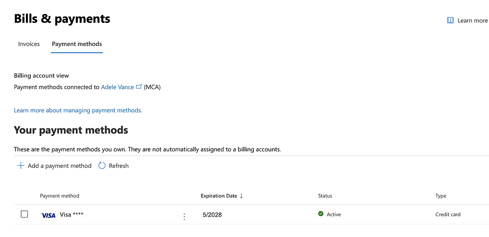 Página de facturas y pagos de Microsoft Admin
