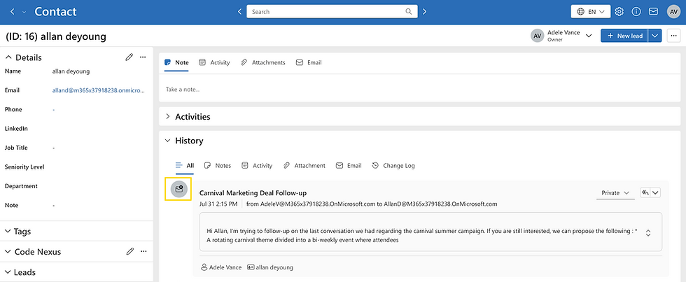 Sent email to contact Allan Deyoung displayed in the History tab with a different icon indicating an outgoing message.