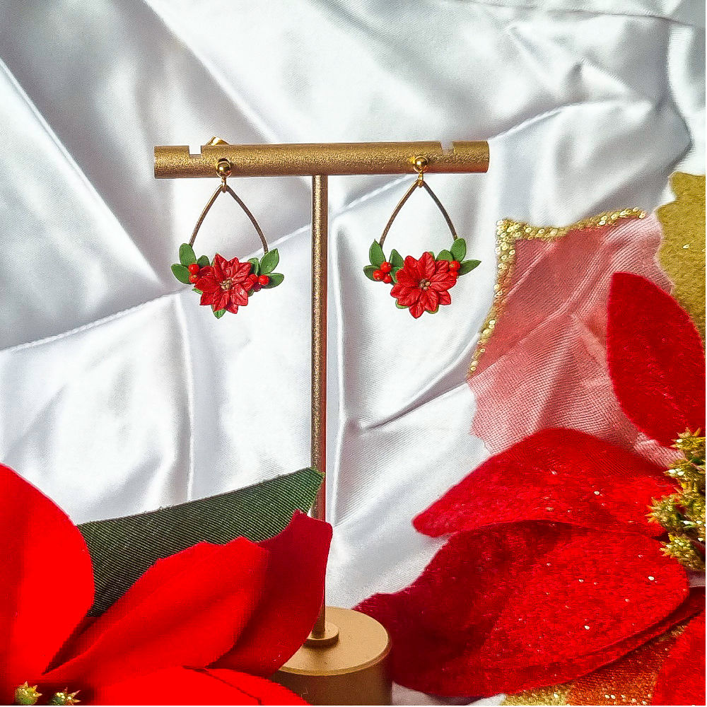 Poinsettia with Mistletoes Dangling Earrings