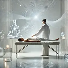 DALL·E 2025-01-14 12.26.58 - A serene Reiki healing session with a white and silvery backg