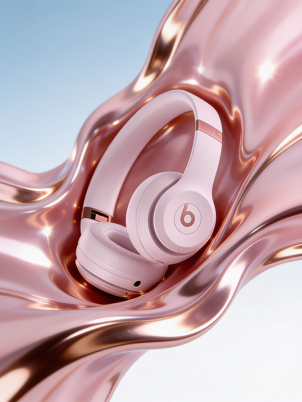 AI-generated headphone product photography featuring metallic pink liquid textures
