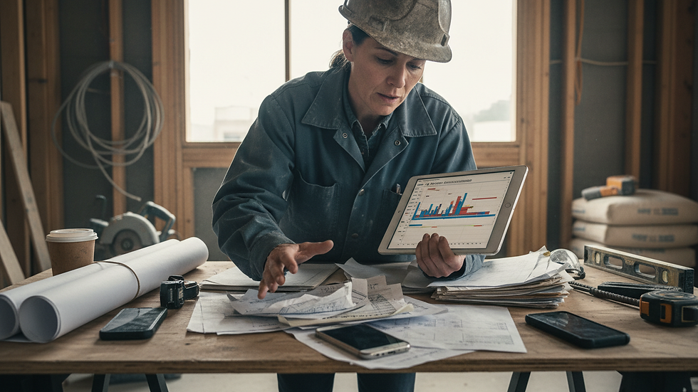 Close-up view of a project manager reviewing job schedules and invoices