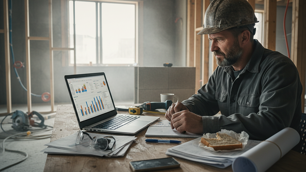 Close-up view of a contractor reviewing financial charts and cash flow reports