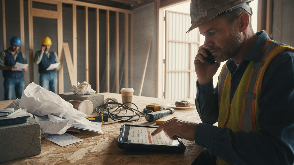 Close-up view of a project manager updating job status on a tablet