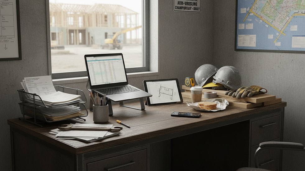 Eye-level view of a contractor’s desk with organized paperwork and a laptop