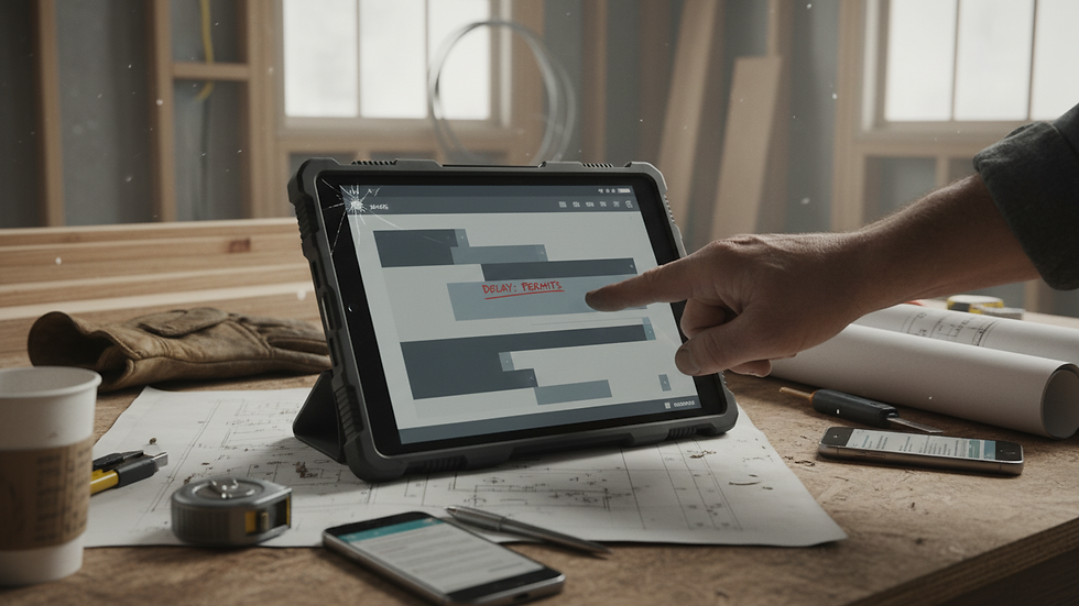 Close-up view of a contractor’s hand pointing at a project timeline on a tablet