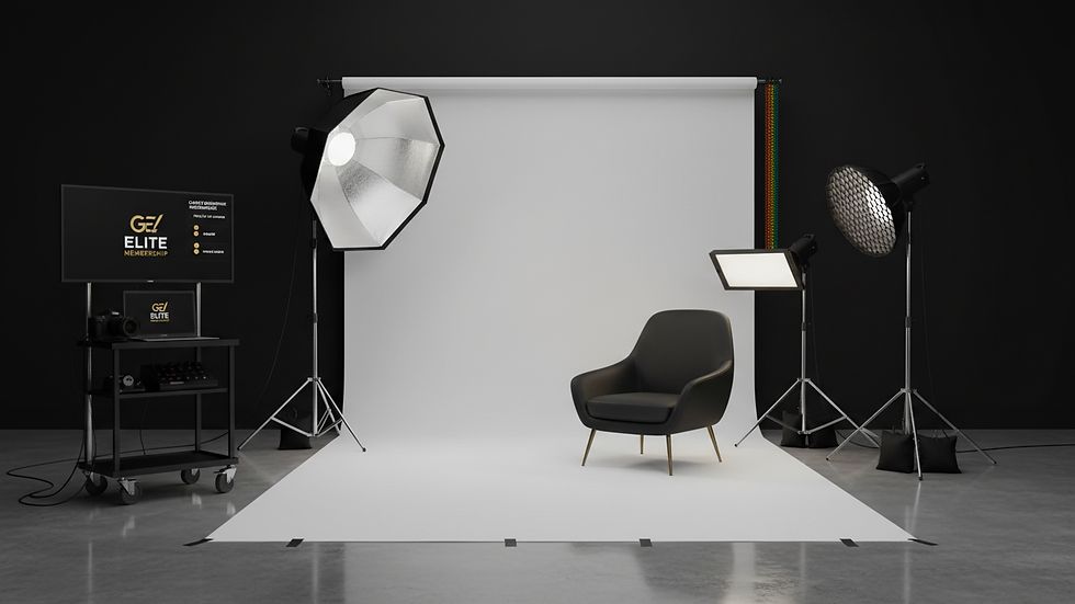 Eye-level view of a professional photography studio setup with lighting equipment
