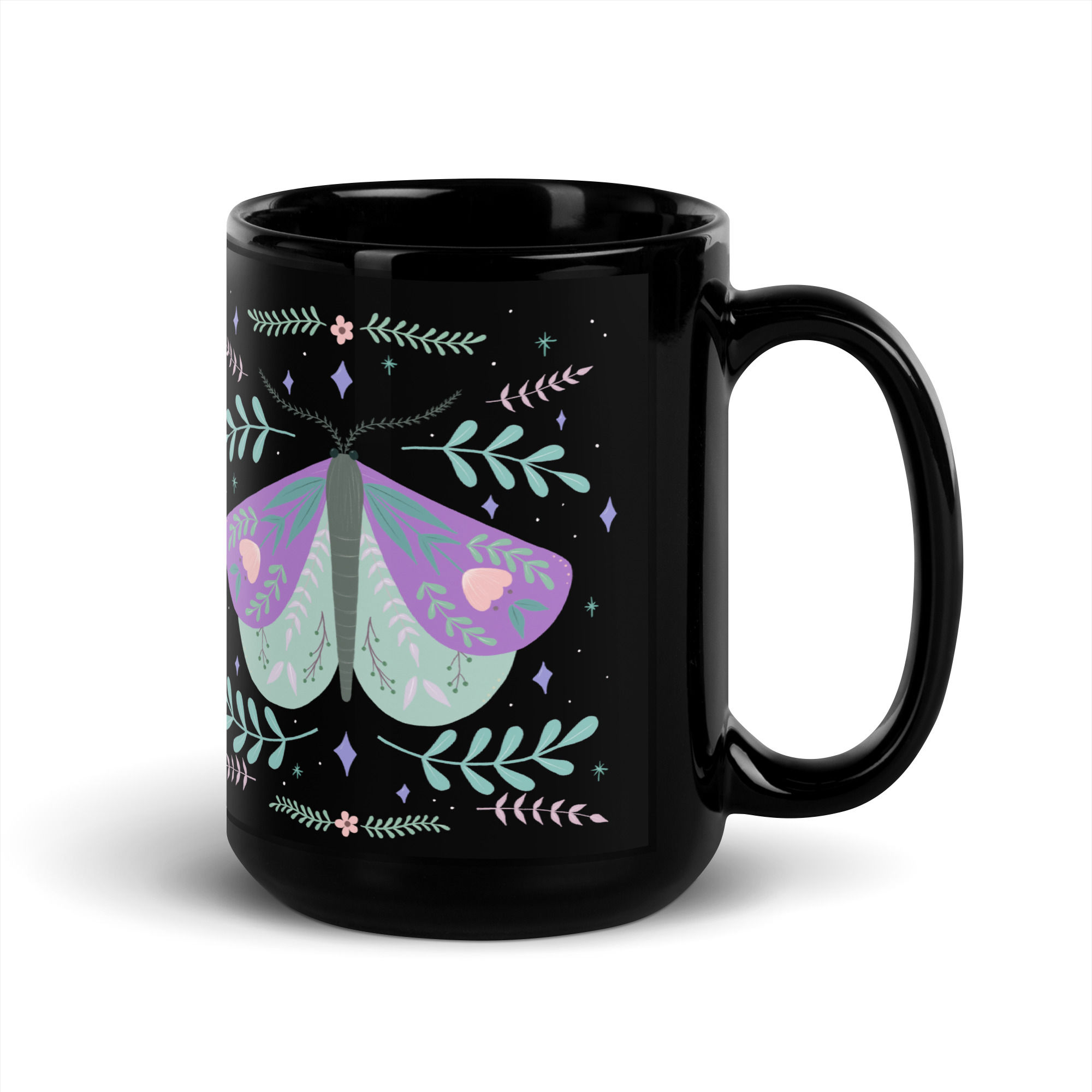 Purple & Green Moth by Christa’s Corner Art - Two-sided Black Glossy Mug