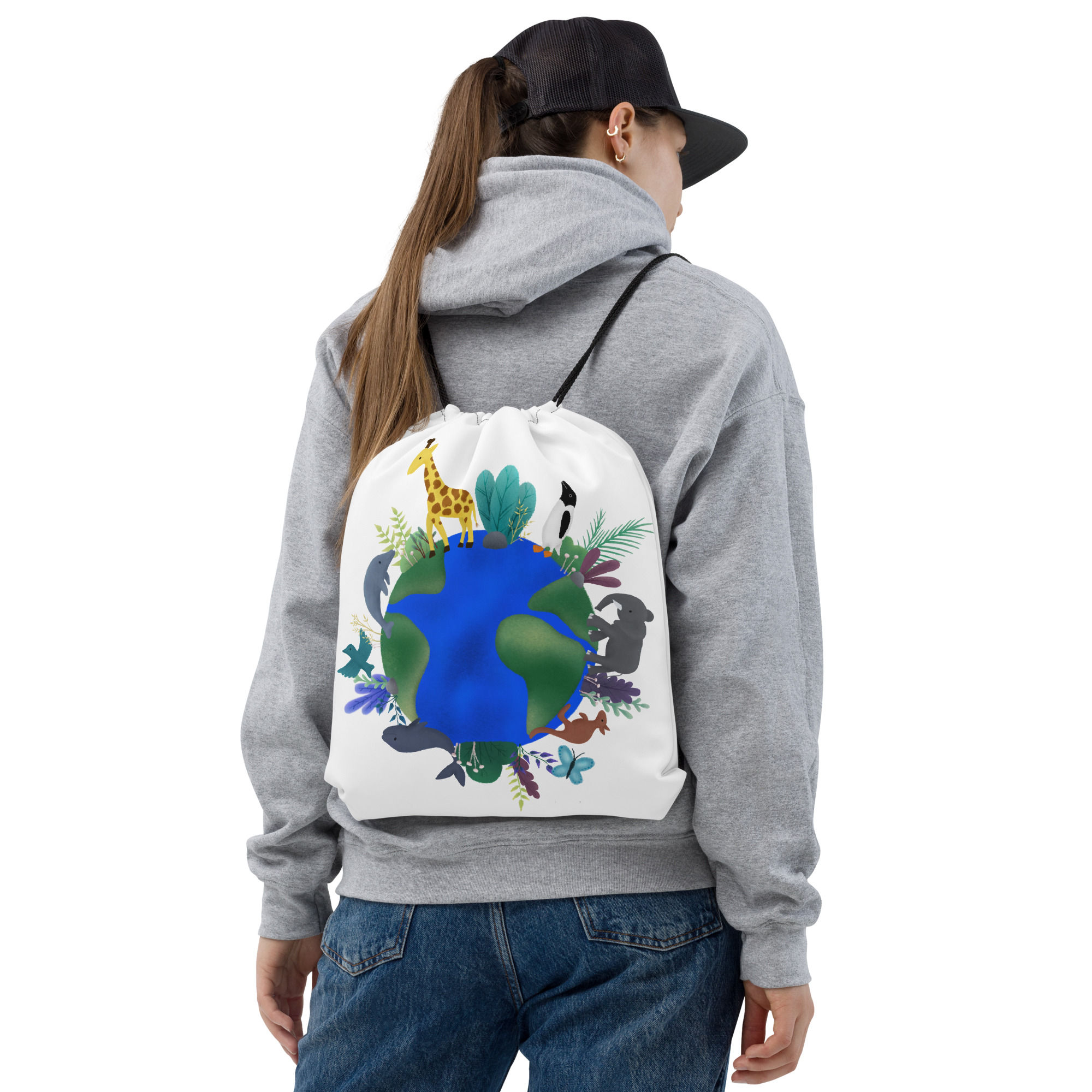 Animal Globe by Christa's Corner Art - Drawstring bag