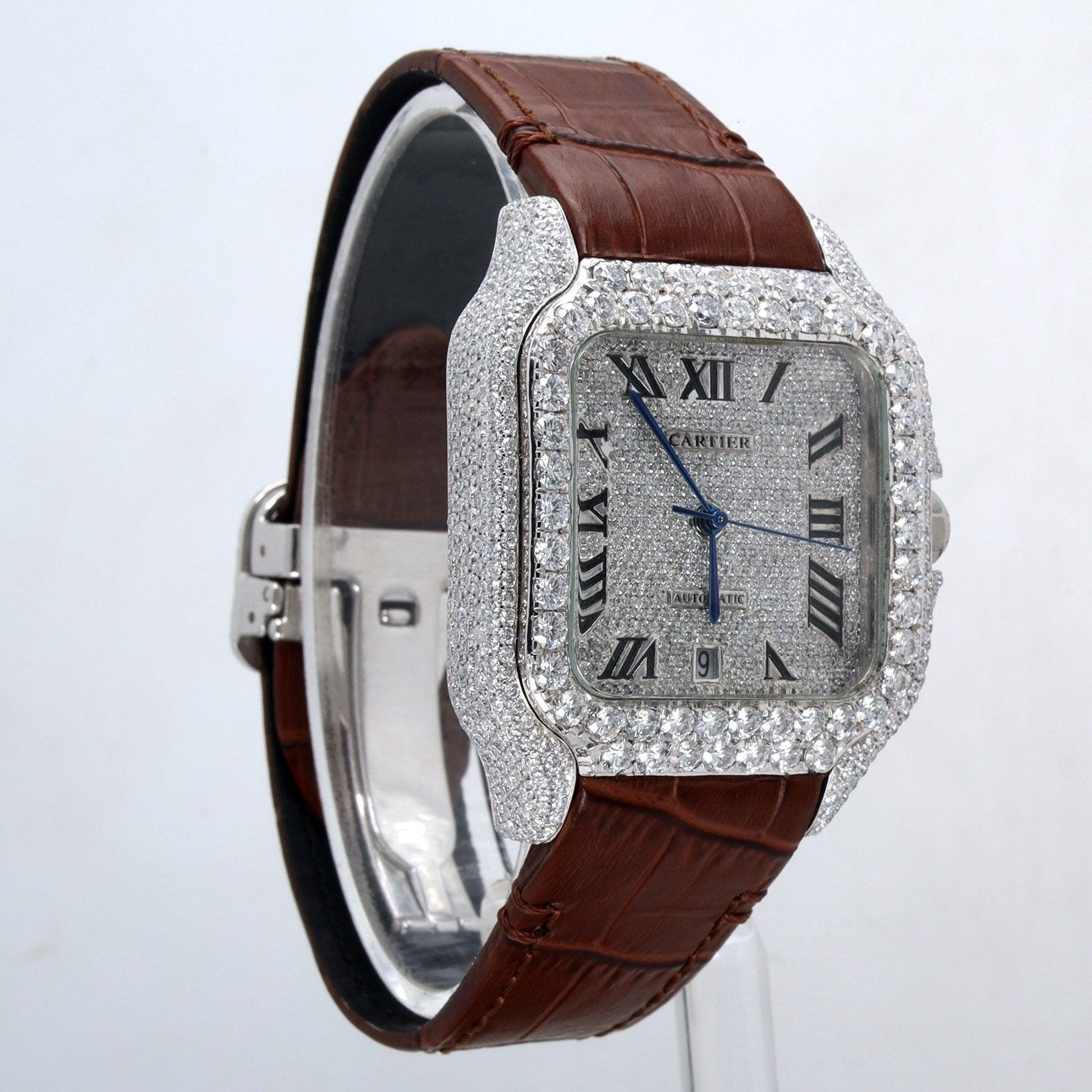 iced out Cartier moissanite watch brown leather strap