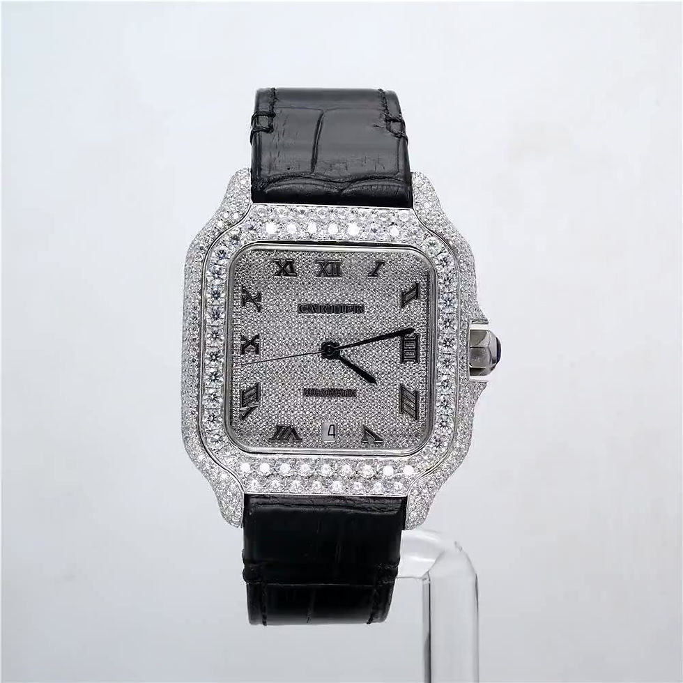Thumbnail: iced out Cartier moissanite watch black leather strap
