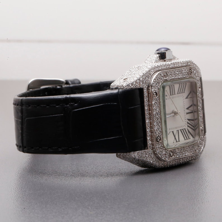 Thumbnail: Cartier Santos moissanite watch black leather strap