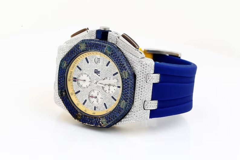Thumbnail: Side view of AP moissanite watch with rubber strap and diamond setting