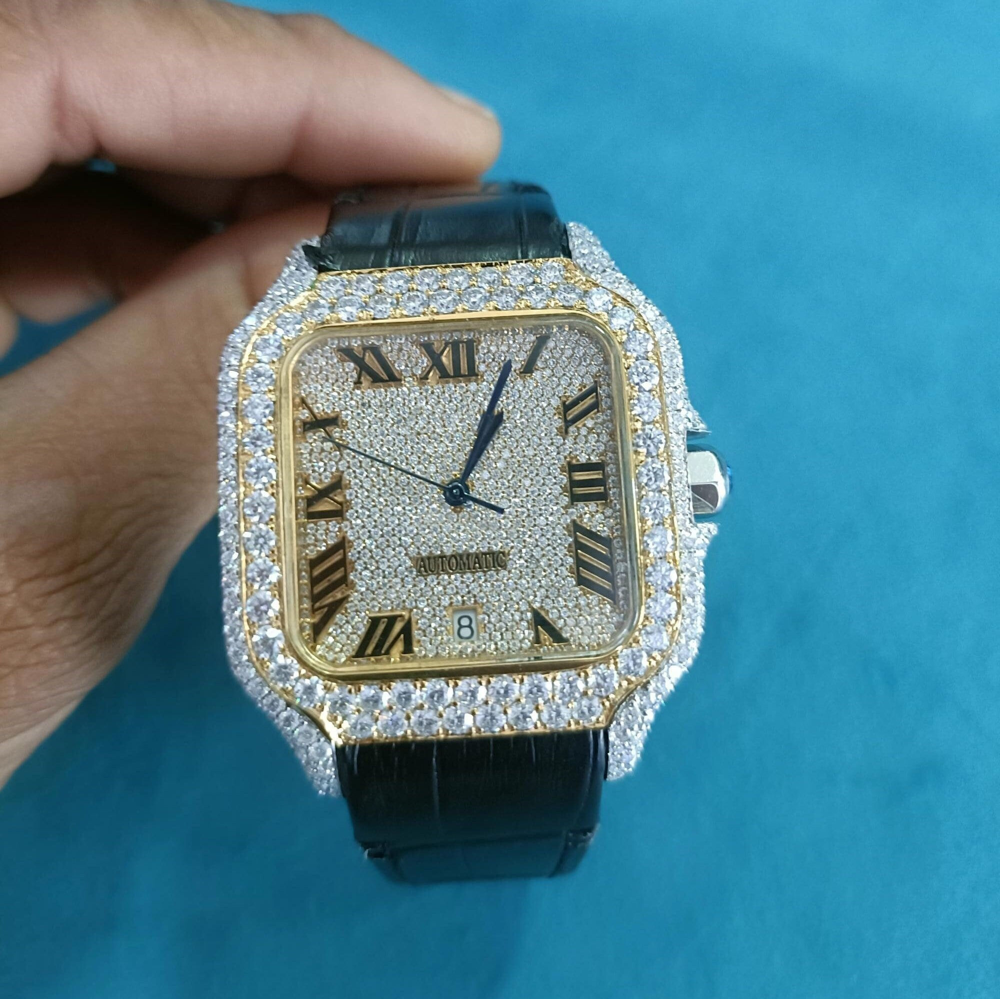 iced out Cartier moissanite watch leather strap