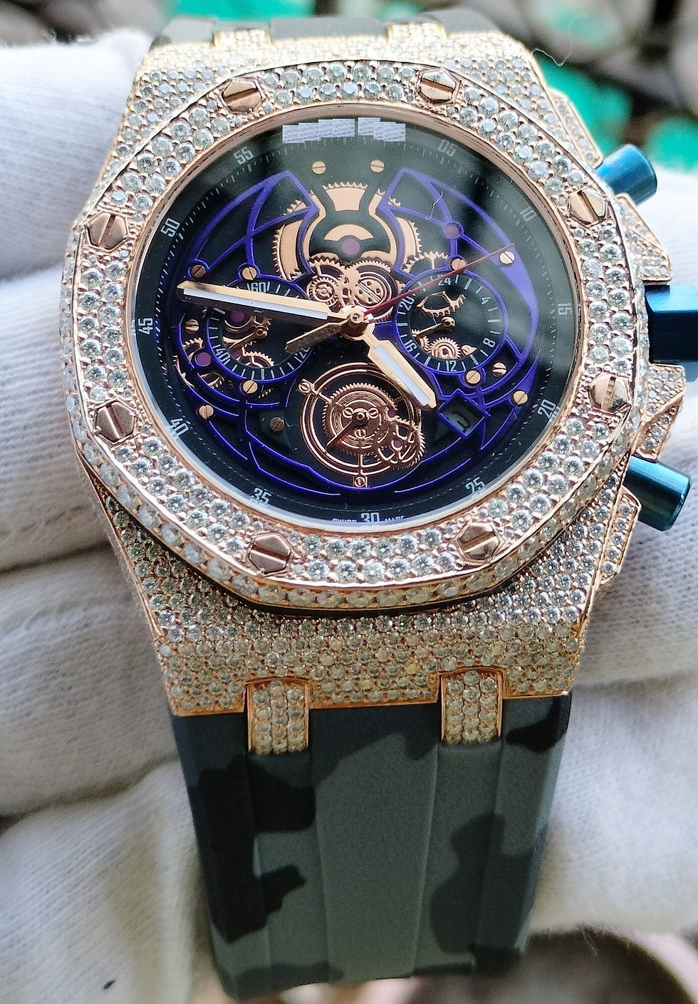 Thumbnail: Close up of bust down moissanite diamonds on luxury watch