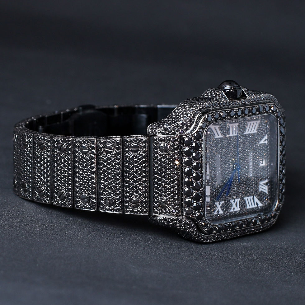 Thumbnail: iced out Cartier Skeleton black moissanite diamond watch