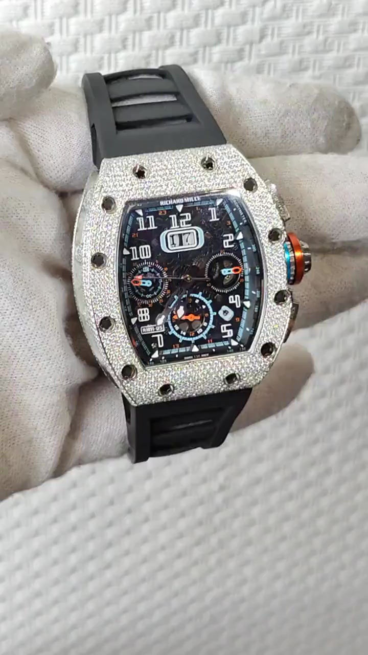 Thumbnail: iced out Richard Mille moissanite watch black rubber strap