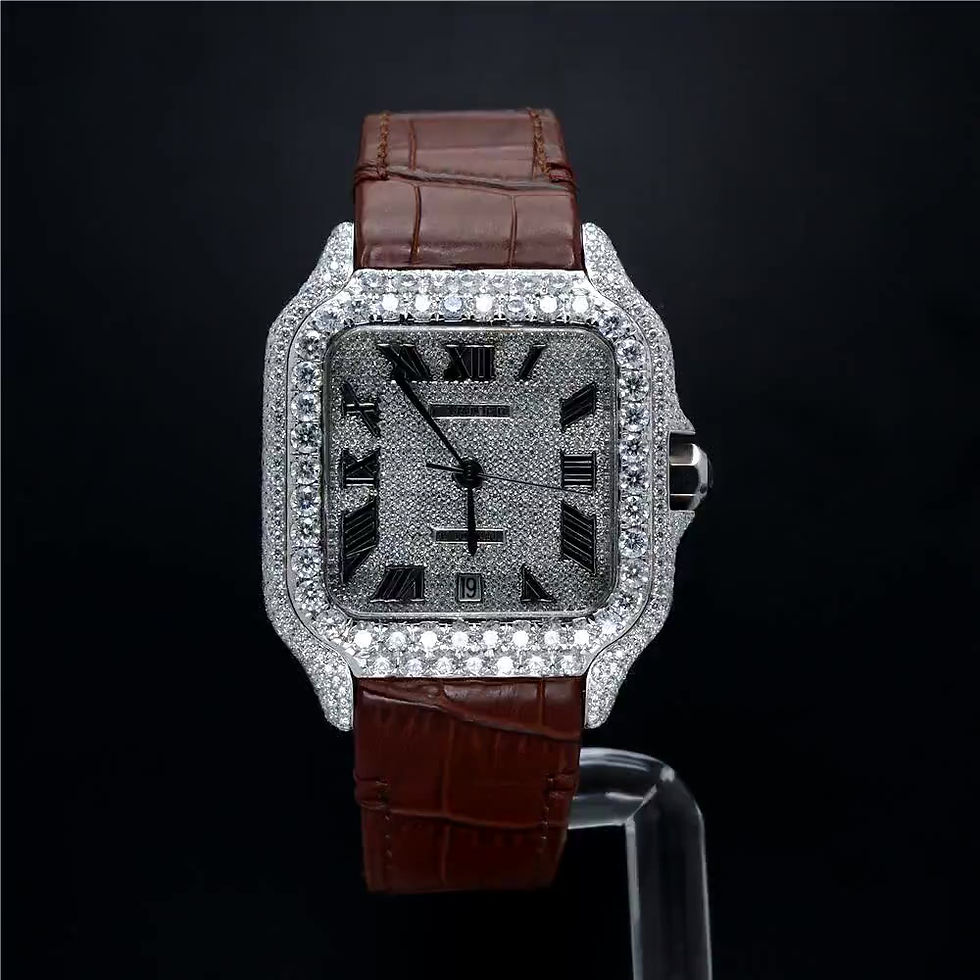 Thumbnail: iced out Cartier moissanite watch brown leather strap