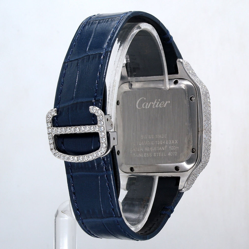 Thumbnail: iced out Cartier moissanite watch blue leather strap
