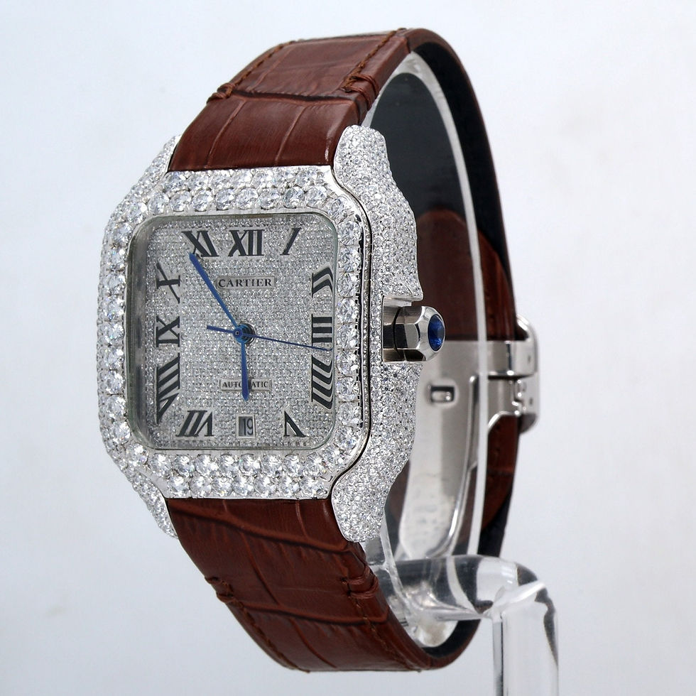 Thumbnail: iced out Cartier moissanite watch brown leather strap