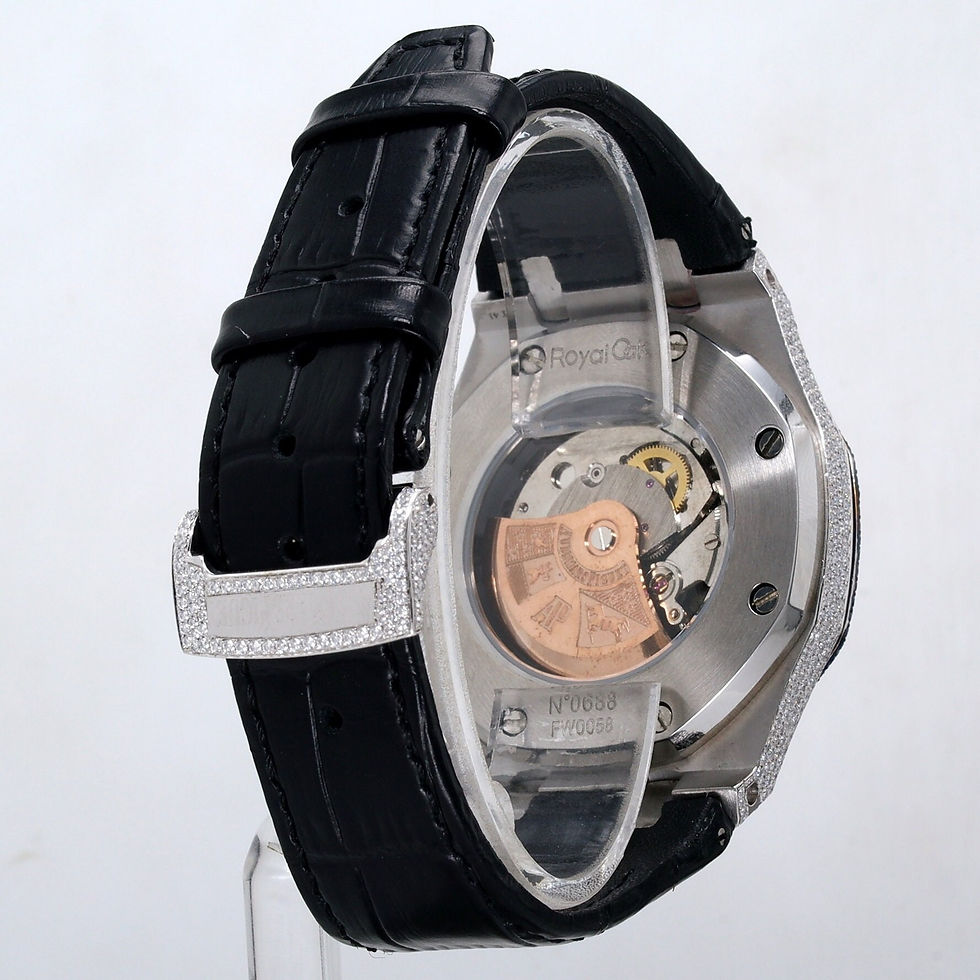 Thumbnail: Iced out moissanite watch stainless steel case with black leather strap from back