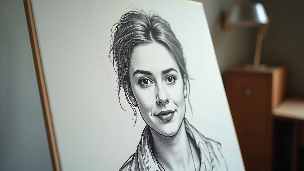 Close-up view of a canvas with a sketched portrait outline