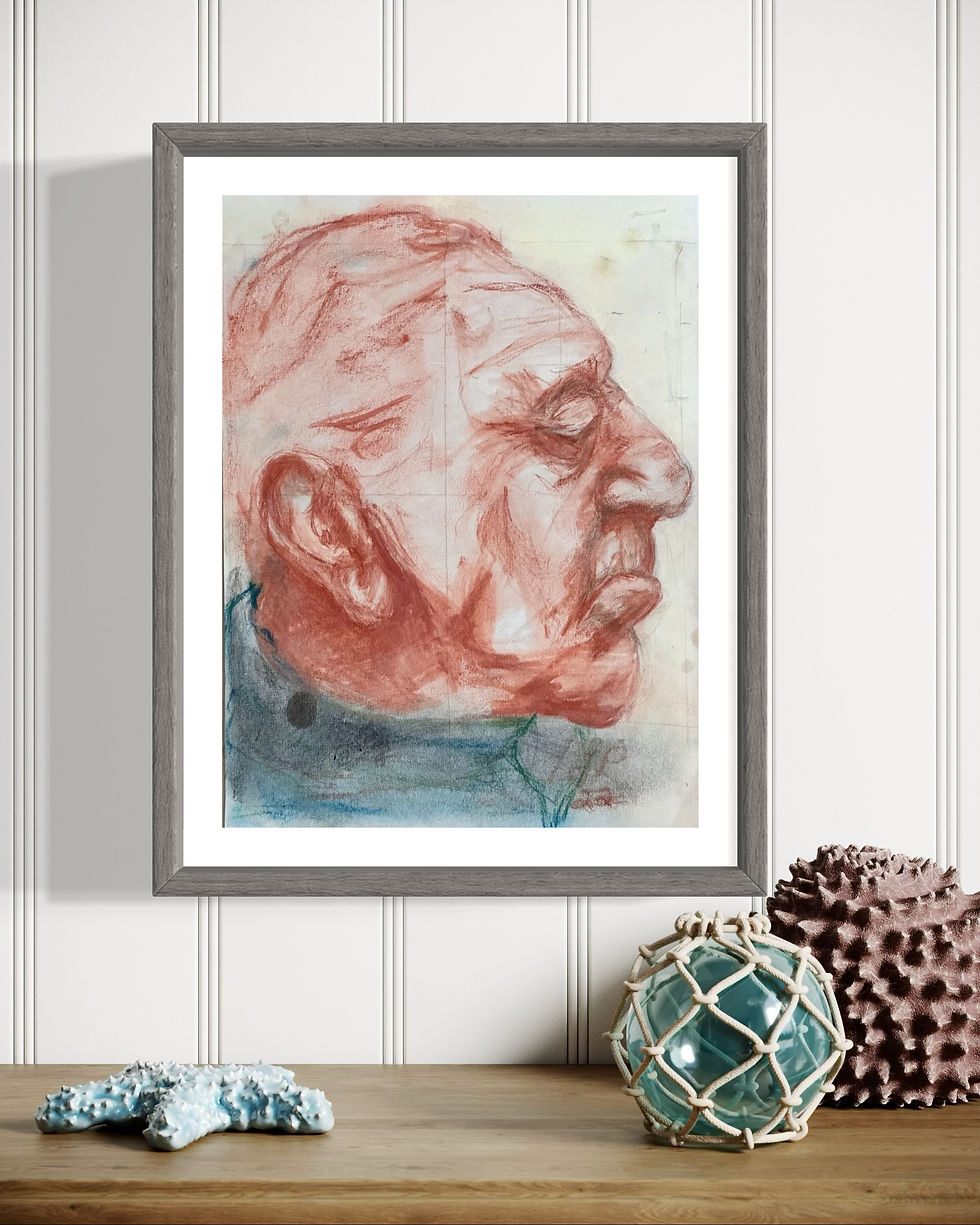 an elderly man's profile, portrayed with an extraordinary level of detail in a frame hanging in a room