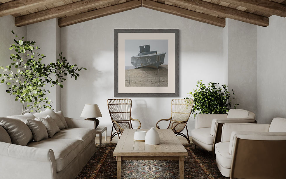Military patrol boat resting on a beach in a picture frame in a room