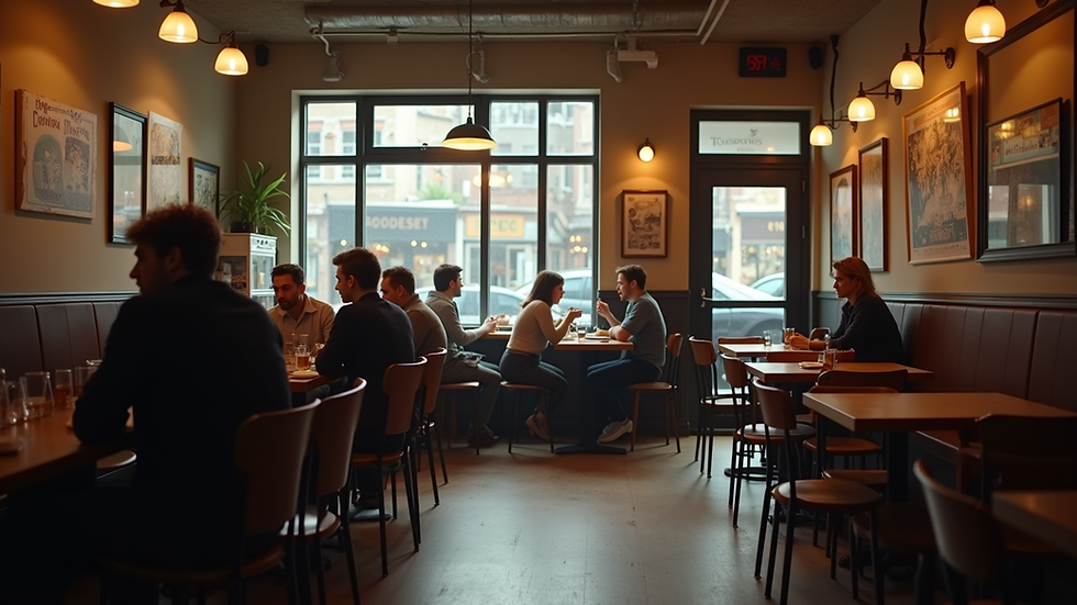 Eye-level view of a cozy coffee shop interior with people engaged in conversation