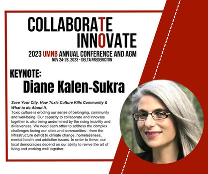 Union of Municipalities of New Brunswick 2023 annual conference keynote speaker announcement of Diane Kalen-Sukra speaking on Inspiring Collaborative Action.