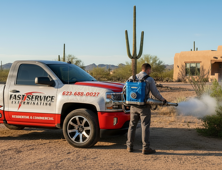 a_tech_fogging_with_a_backpack_fogger_for_mosquitoes_in_bushes_next_to_a_southwestern_styl
