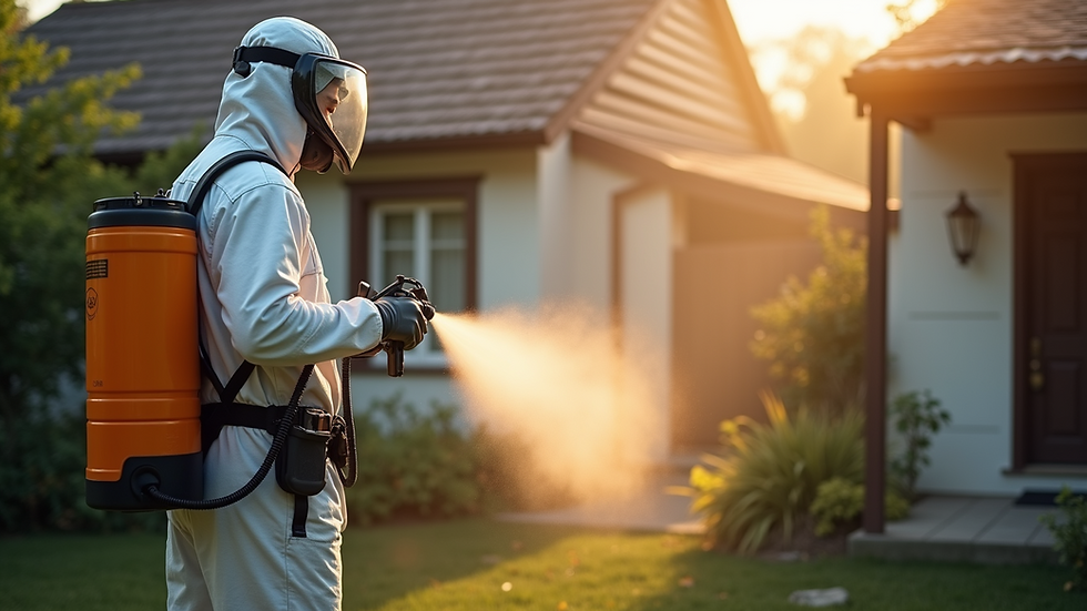High angle view of a pest control technician spraying insecticide around a house