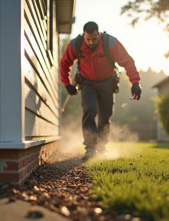 A technician sprays for pests around the foundation of a home. Professional pest control s