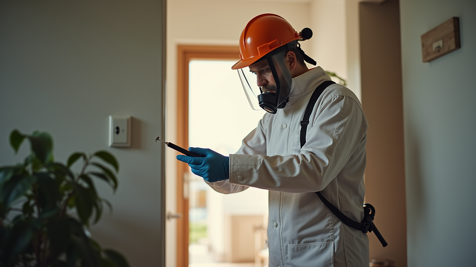 Close-up view of a pest control technician inspecting a home for pests