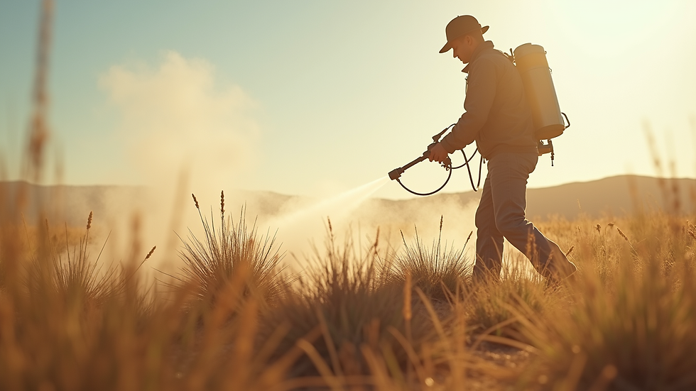 Close-up view of a technician spraying herbicide on desert weeds