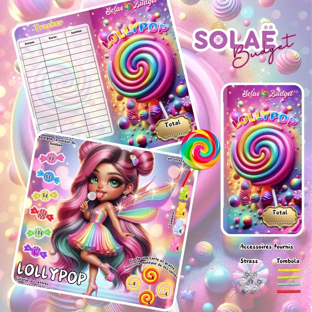 Fée mignonne avec sucette et Solaë Budget, affichant Lollipop, bonbons et accessoires.
