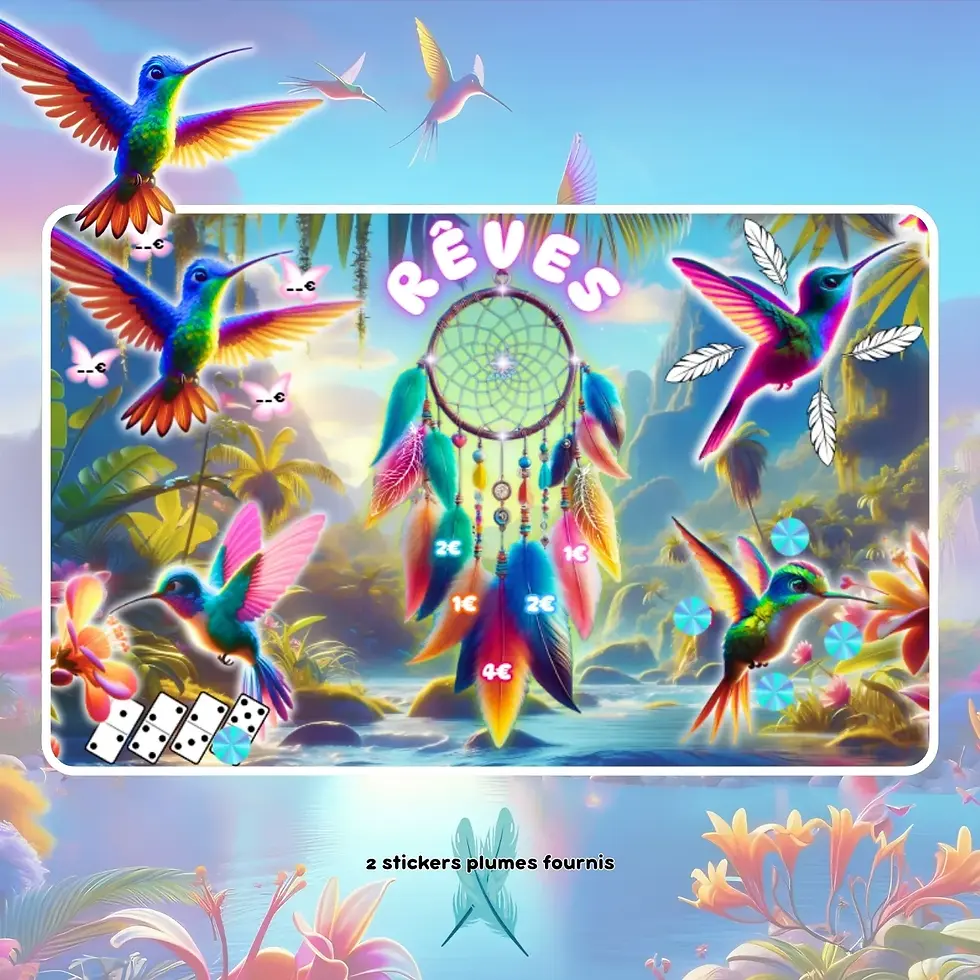 Miniature : Un attrape-rêves coloré avec des colibris et le mot RÊVES.