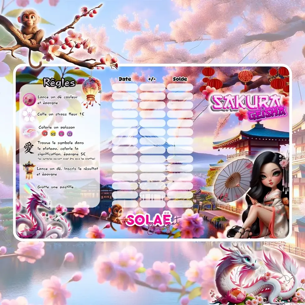 Sakura Solaë, personnage avec ses informations, et des décorations florales, Défi Galaxy.