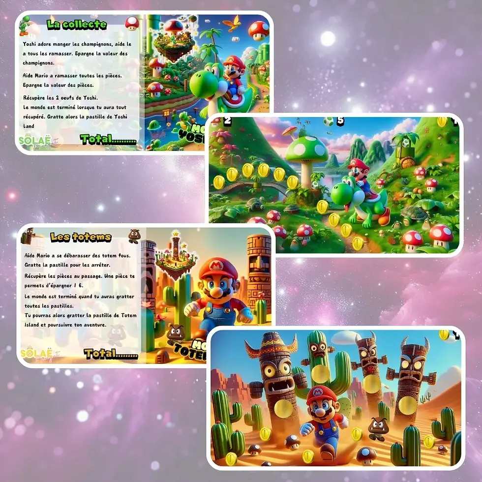Miniature : Mario in different scenes, with text, Défi Galaxy, exploring various environments.